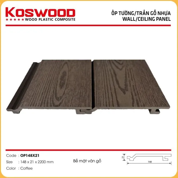 Tấm Ốp Gỗ Nhựa Ngoài Trời Kosmos OP148x2.2M Vân Gỗ Coffee